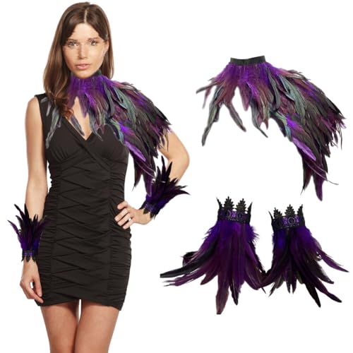 3er Set Gothic Feder Achselzucken Schal mit Feder Manschette Halloween Party Kostüm,Gothic Schwarz Feder Cape Schal Federn Schulter,Damen Feder Umhang Cape Federboa für Halloween Cosplay Verkleidung von Surakey