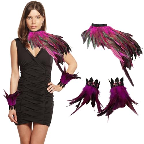 3er Set Gothic Feder Achselzucken Schal mit Feder Manschette Halloween Party Kostüm,Gothic Schwarz Feder Cape Schal Federn Schulter,Damen Feder Umhang Cape Federboa für Halloween Cosplay Verkleidung von Surakey