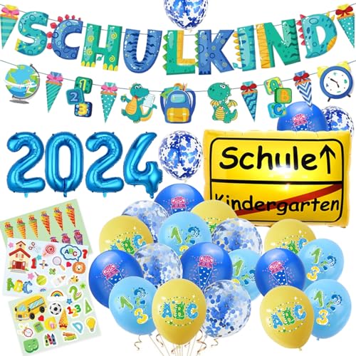 Surcotto Einschulung Deko Set 2024 für Junge & Mädchen - Blau, SCHULKIND Banner, Folienballon, 22 Luftballons, 3 Sticker - Schulanfang Schuleinführung von Surcotto