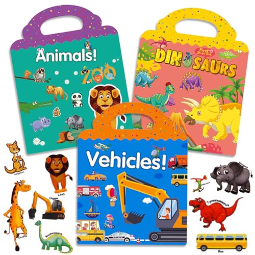 Surcotto Stickerbuch ab 1 2 3 4 5 Jahre, Wiederverwendbare Sticker Kinder(Fahrzeuge+Tiere+Dinosaurier), Sticker Buch für Mädchen und Jungen, Sensory Play, für Unterwegs Auto Flugzeug Zug Reise von Surcotto