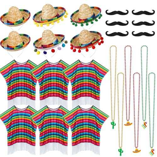 Cinco de Mayo mexikanischer Serape-Poncho-Kostüm-Set, Cinco de Mayo, mexikanischer Fiesta-Serape-Poncho, mexikanischer Sombrero-Hut, Stirnband, Schnurrbart-Halskette für Erwachsene und Kinder, 24-teilig Cinco de Mayo mexikanischer Serape-Poncho-Kostüm-Set, Cinco de Mayo, mexikanischer Fiesta-Serape-Poncho, mexikanischer Sombrero-Hut, Stirnband, Schnurrbart-Halskette für Erwachsene und Kinder, 24-teilig von Sureio