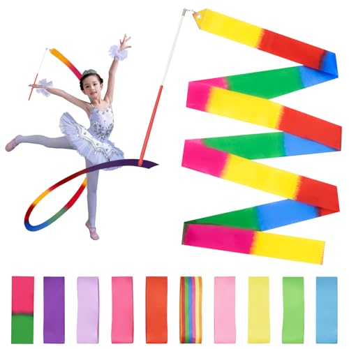 Surplex 10 Stück Rhythmische Tanzbänder, Bunte Gymnastikbänder mit einem Drehstab für Talentshows, Tanzstab, Kinder, Regenbogenband, ideal für Mädchen auf Kindergeburtstag, Weihnachten von Surplex