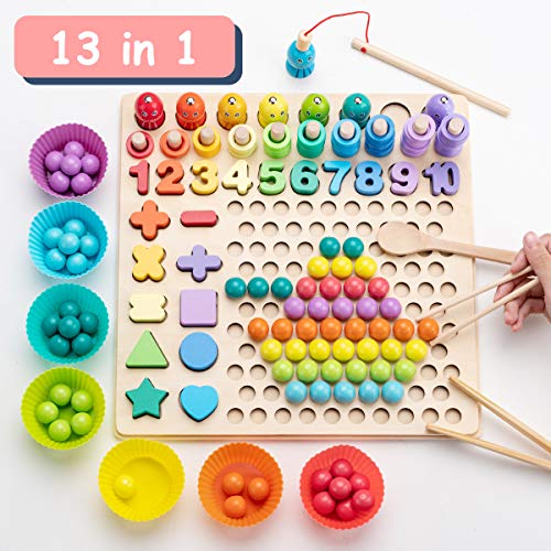 Surplex Holz Montessori Spielzeug Brettspiele Clip Perlen Puzzle, Angelspiel Lernspielzeug Magnetisches Fischspielzeug, Kinder Vorschule Mathe Sortieren Stapeln Anzahl Zählen Lernen für 3+ Jahre alt von Surplex