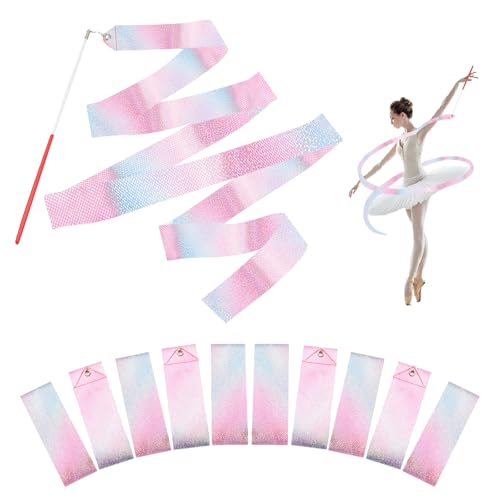 Surplex Rhythmische Tanzbänder, Bunte Gymnastikbänder mit einem Drehstab für Talentshows, Tanzstab, Kinder, Regenbogenband, ideal für Mädchen auf Kindergeburtstag, Weihnachten (Rosa) von Surplex