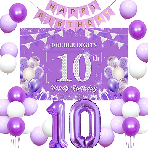 Sursurprise 10. Geburtstag Dekorationen für Mädchen lila, doppelte Ziffern alles Gute zum 10. Geburtstag Hintergrund, Happy Anniversary Banner, Nummer 10 Folienballon, 10. Geburtstag Zubehör von Sursurprise
