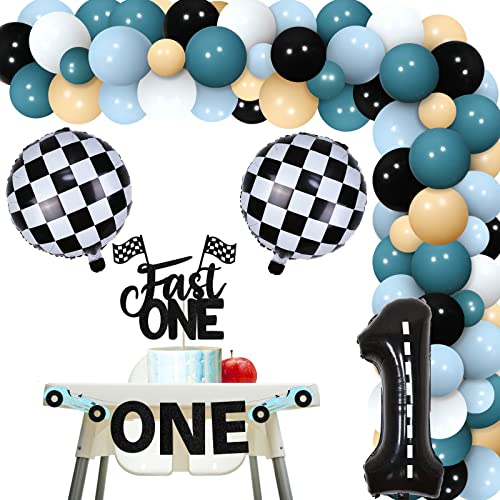 Fast One Geburtstag Dekorationen für Jungen Rennen Auto Ballon Girlande Bogen Kit Fast One Cake Topper Hochstuhl Banner für 1st Birthday Party Supplies von Sursurprise