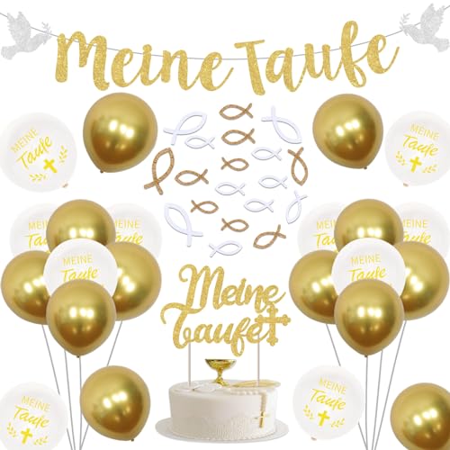 Sursurprise Meine Taufe Dekorationen Gold, Erstkommunion Kommunion Taufe Party Dekoration, Meine Taufe Glitter Banner Girlande, Holz Fisch Kreuz Ballons für Baby Dusche Party Zubehör Jungen Mädchen von Sursurprise