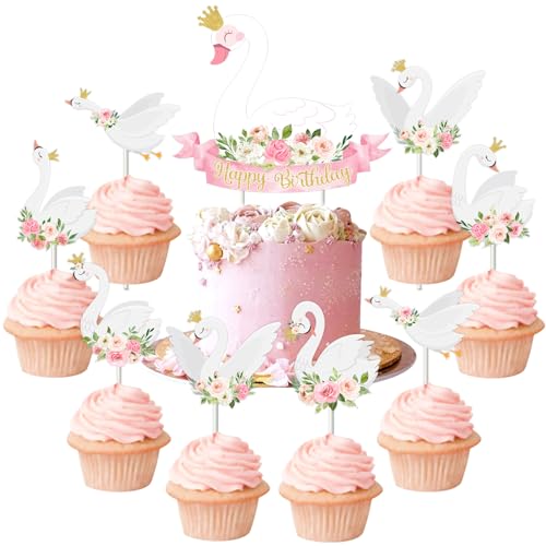 Sursurprise Schwan Geburtstag Party Dekorationen, Schwan Geburtstagskuchen Topper, 12Pcs Schwan Cupcake Topper, Schwan Themed Party Supplies von Sursurprise