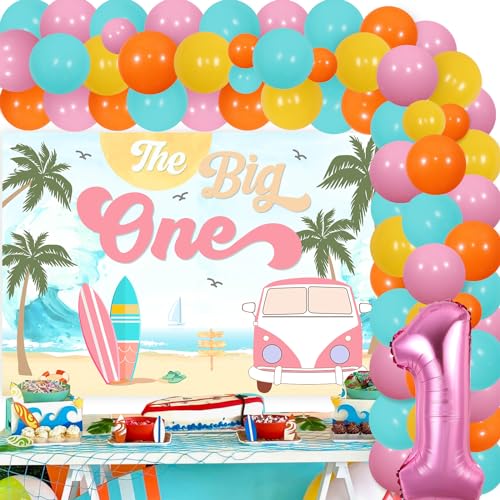 Surfen 1. Geburtstag Dekorationen für Mädchen, die große ein Surf-Hintergrund mit Ballon-Girlande-Bogen-Kit, Nummer 1 Folienballon, Sommer Strand ersten Geburtstag Party-Zubehör von Sursurprise