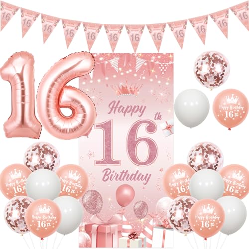 Sursurprise 16 Geburtstag Dekorationen Roségold für Mädchen Happy 16th Birthday Türbanner Dreieck Flagge Banner Nummer 16 Luftballons Sechzehn Jahre alt Geburtstag Party Supplies von Sursurprise