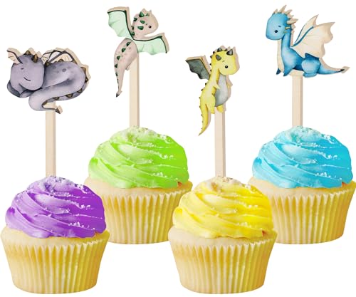 Sursurprise 16 x Drachen-Cupcake-Topper aus Holz für Drachen, Party-Dekorationen, Geburtstag, Babyparty, Zubehör von Sursurprise