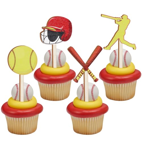 Sursurprise 16 x Softball-Cupcake-Topper aus Holz für Softball-Party-Dekorationen, Geburtstag, Babyparty, Sport, Partyzubehör von Sursurprise