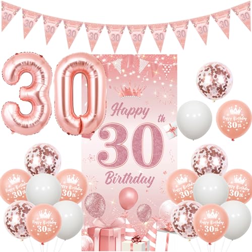 Sursurprise 30 Geburtstag Dekorationen Roségold für Frauen Happy 30th Birthday Türbanner Dreieck Flagge Banner Nummer 30 Luftballons Dreißig Jahre alt Geburtstag Party Supplies von Sursurprise