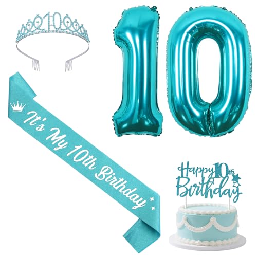 Sursurprise Blaugrün 10 Geburtstag Dekorationen mit Schärpe und Diadem, Happy 10th Birthday Cake Topper Zahl 10 Luftballons 10 Jahre alt Geburtstag Party Supplies für Mädchen von Sursurprise