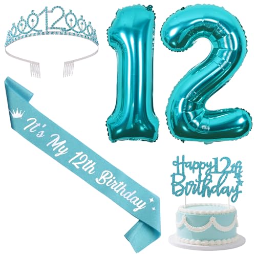 Sursurprise Blaugrün 12 Geburtstag Dekorationen mit Schärpe und Tiara, Happy 12th Birthday Cake Topper Zahl 12 Luftballons 12 Jahre alt Geburtstag Party Supplies für Mädchen von Sursurprise