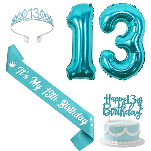 Sursurprise Blaugrün 13 Geburtstag Dekorationen mit Schärpe und Tiara, Happy 13th Birthday Cake Topper Zahl 13 Luftballons 13 Jahre alt Geburtstag Party Supplies für Mädchen von Sursurprise
