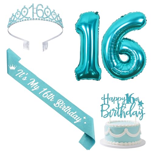 Sursurprise Blaugrün 16 Geburtstag Dekorationen mit Schärpe und Tiara, Happy 16th Birthday Cake Topper Zahl 16 Luftballons 16 Jahre alt Geburtstag Party Supplies für Mädchen von Sursurprise