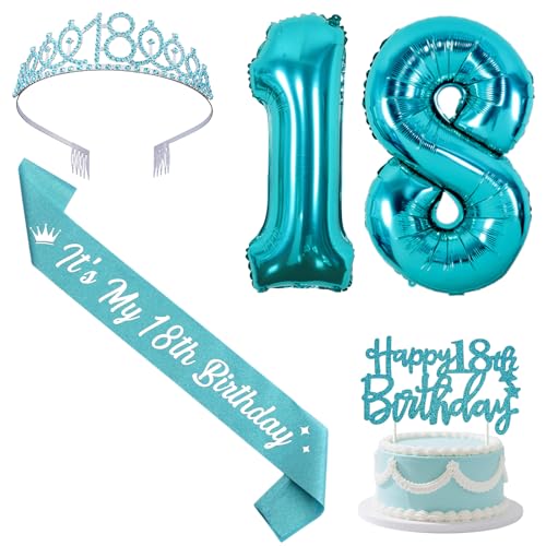 Sursurprise Blaugrün 18 Geburtstag Dekorationen mit Schärpe und Tiara, Happy 18th Birthday Cake Topper Zahl 18 Luftballons 18 Jahre alt Geburtstag Party Supplies für Mädchen von Sursurprise