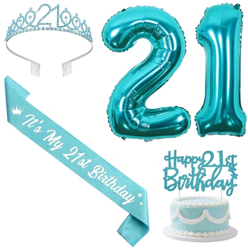 Sursurprise Blaugrün 21. Geburtstag Dekorationen mit Schärpe und Tiara, Happy 21st Birthday Cake Topper Zahl 21 Luftballons 21 Jahre alt Geburtstag Party Supplies für Sie von Sursurprise