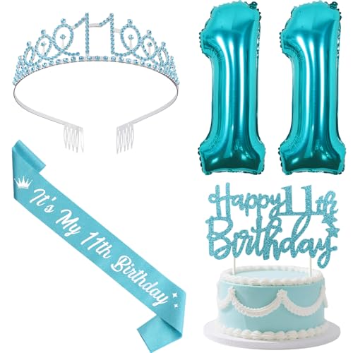Sursurprise Blaugrüne Dekoration zum 11. Geburtstag, mit Schärpe und Diadem, Happy 11th Birthday Cake Topper, Zahl 11 Luftballons, 11 Jahre alt Geburtstag Party Supplies für Mädchen von Sursurprise