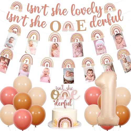 Sursurprise Boho Regenbogen 1. Geburtstag Dekorationen für Mädchen, Isn't She Lovely Isn't She Onederful Photo Banner Cake Topper, Retro Beige Nummer 1 Ballon, Bohemian Rainbow First Birthday Party Sursurprise Boho Regenbogen 1. Geburtstag Dekorationen für Mädchen, Isn't She Lovely Isn't She Onederful Photo Banner Cake Topper, Retro Beige Nummer 1 Ballon, Bohemian Rainbow First Birthday Party von Sursurprise