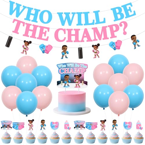 Sursurprise Boxen-Geschlechtsenthüllungsdekorationen, Wer wird der Champion Banner, Boxgirlande, Junge vs. Mädchen Kuchendekorationen Rosa-blaue Ballons für Boxer Babyparty-Partyzubehör Sursurprise Boxen-Geschlechtsenthüllungsdekorationen, Wer wird der Champion Banner, Boxgirlande, Junge vs. Mädchen Kuchendekorationen Rosa-blaue Ballons für Boxer Babyparty-Partyzubehör von Sursurprise
