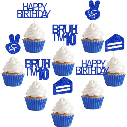 Sursurprise Bruh It's My 10th Birthday Dekorationen Blau, 24 Stück Bruh I'm 10 Birthday Cupcake Topper, Preteen and Teen Boy Bday Decorations Party Supplies von Sursurprise
