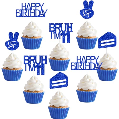 Sursurprise Bruh It's My 11th Birthday Dekorationen Blau, 24 Stück Bruh I'm 11 Birthday Cupcake Topper, Preteen and Teen Boy Bday Decorations Party Supplies von Sursurprise