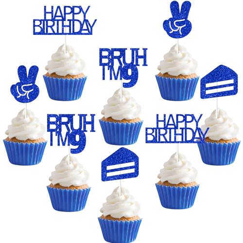 Sursurprise Bruh It's My 9th Birthday Decorations Blue, 24Pcs Bruh I'm 9 Birthday Cupcake Toppers, Preteen and Teen Boy Bday Decorations Party Supplies von Sursurprise