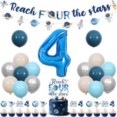 Sursurprise Dekorationen zum 4. Geburtstag im Weltraum-Design, „Reach for the Stars“-Banner, Kuchendekoration, Cupcake-Dekoration, Luftballons für Astronauten, Planeten, Raketen Partyzubehör Sursurprise Dekorationen zum 4. Geburtstag im Weltraum-Design, „Reach for the Stars“-Banner, Kuchendekoration, Cupcake-Dekoration, Luftballons für Astronauten, Planeten, Raketen Partyzubehör von Sursurprise