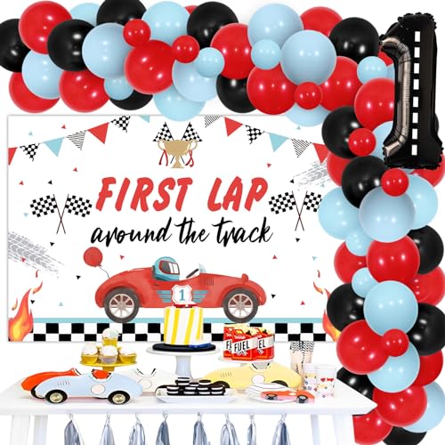 Sursurprise Fast One Birthday Decorations Race car 1st first birthday party supplies first lap around the track backdrop balloon garland arch kit vintage racing car one year old bday decor von Sursurprise