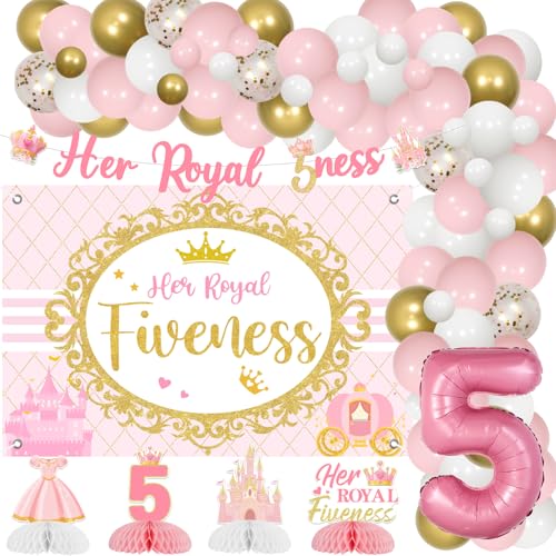 Sursurprise Her Royal Fiveness Birthday Decorations for Girl, Her Royal Fiveness Ballon Girlande Bogen Kit mit Backdrop Banner, Honeycomb Centrepieces, Nummer 5 Ballons, Prinzessin 5. Geburtstag Party von Sursurprise