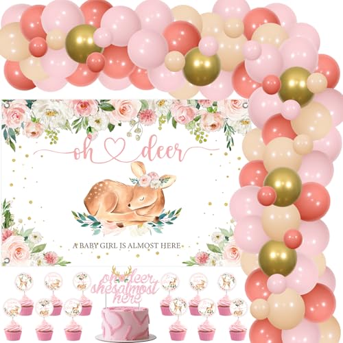 Sursurprise Hirsch-Baby-Party-Dekorationen für Mädchen, Oh Deer She's Almost Here Hintergrund Kuchen Topper Cupcake Topper Ballon Girlande Bogen Kit Waldtier Partyzubehör von Sursurprise