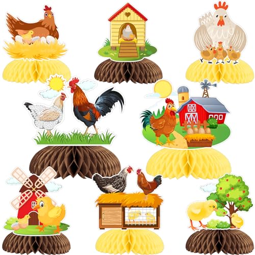 Sursurprise Huhn Party Dekorationen, 8 Stück Huhn Wabe Mittelstücke, Huhn Bauernhof Tabelle Topper Dekor für Huhn Geburtstag Party Supplies, Küken Baby Dusche Dekorationen von Sursurprise