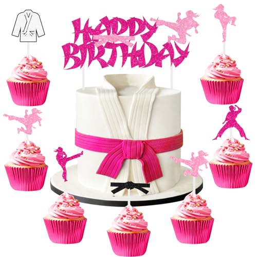 Sursurprise Karate Geburtstag Dekorationen, 25Pcs alles Gute zum Geburtstag Kuchen Topper Karate Cupcake Toppers für Mädchen Taekwondo Kampfsport Party Supplies von Sursurprise