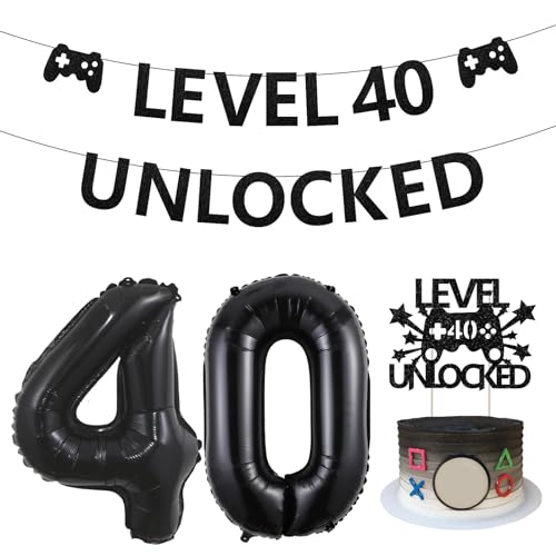 Sursurprise Level 40 Unlocked Geburtstag Dekorationen, Level 40 Unlocked Banner Kuchen Topper Nummer 40 Ballons für Gamer 40. Geburtstag Party Dekorationen, Video Game Geburtstag Party Supplies von Sursurprise