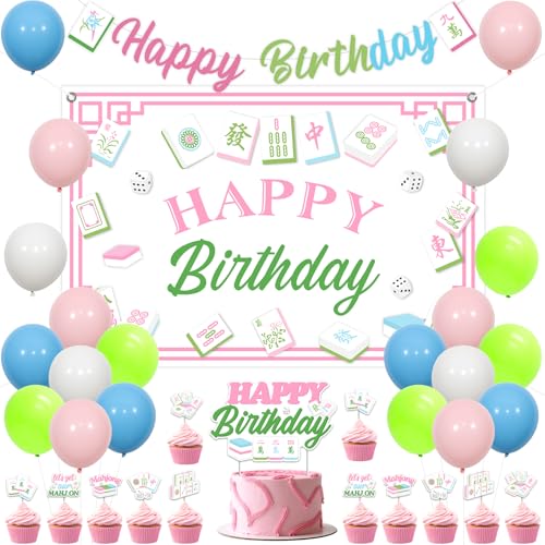 Sursurprise Mahjong Party Dekorationen, Mahjong Happy Birthday Backdrop Banner, Cake Topper, Cupcake Toppers, Luftballons für Let's Get Our Mahj-ON Birthday Game Celebration Supplies Sursurprise Mahjong Party Dekorationen, Mahjong Happy Birthday Backdrop Banner, Cake Topper, Cupcake Toppers, Luftballons für Let's Get Our Mahj-ON Birthday Game Celebration Supplies von Sursurprise