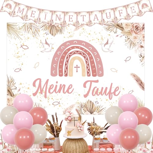 Sursurprise Meine Taufe Deko für Mädchen Rosa, Meine Taufe Regenbogen Banner Hintergrund, Erstkommunion Luftballon, Kommunion Konfirmation Regenbogen Deko von Sursurprise