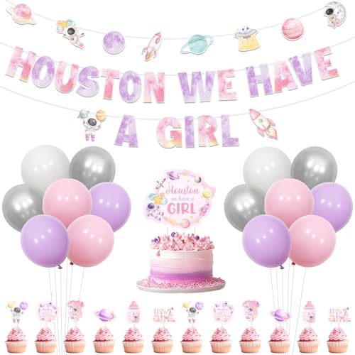 Sursurprise Outer Space Baby Shower Dekorationen für Mädchen, Houston We Have A Girl Banner Cake Topper Cupcake Toppers Pink Purple Ballons für Rocket Astronaut Planet Party Supplies von Sursurprise