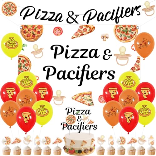 Sursurprise Pizza & Pacifiers Baby Shower Decorations, Pizza & Pacifiers Backdrop Banner, Cake Topper Kit, Balloons, Welcome Baby Italian Fast Food Party Time Supplies von Sursurprise
