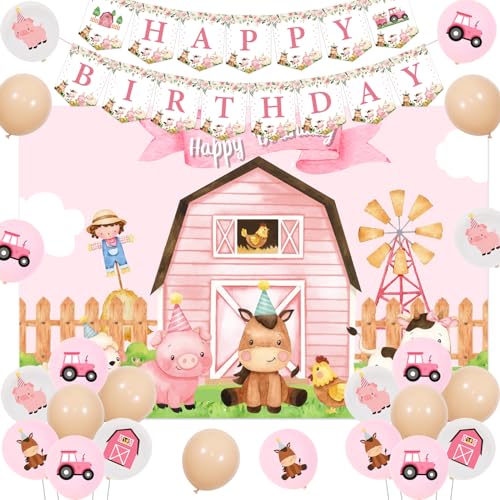 Sursurprise Rosa Bauernhoftiere Partydekorationen für Mädchen, Bauernhoftier Happy Birthday Banner Hintergrund, Bauernhoftierballons, Bauernhof-Partyzubehör für 1. 2. 3. Geburtstag Sursurprise Rosa Bauernhoftiere Partydekorationen für Mädchen, Bauernhoftier Happy Birthday Banner Hintergrund, Bauernhoftierballons, Bauernhof-Partyzubehör für 1. 2. 3. Geburtstag von Sursurprise