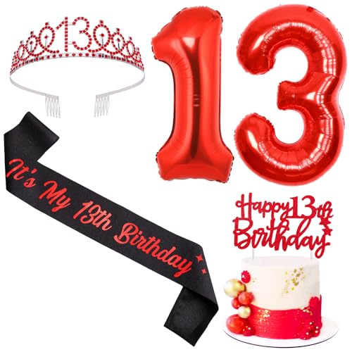 Sursurprise Rot und Schwarz 13. Geburtstag Dekorationen für Jungen Mädchen, 13. Geburtstag Schärpe und Tiara, Cake Topper, Ballon, 13 Year Old Bday Party Supplies von Sursurprise