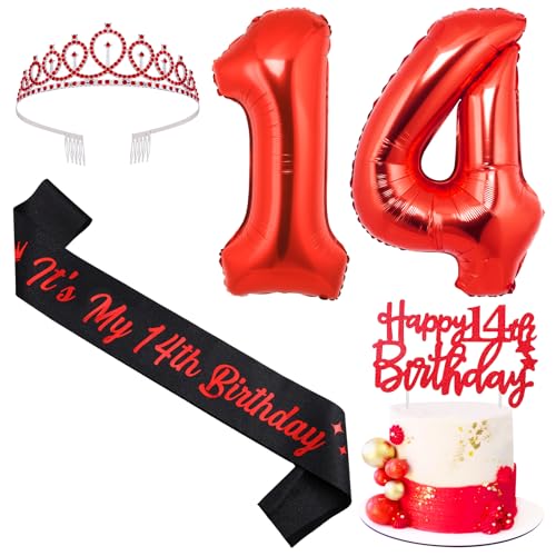 Sursurprise Rot und Schwarz 14. Geburtstag Dekorationen für Jungen Mädchen, 14. Geburtstag Schärpe und Tiara, Cake Topper, Ballon, 14 Year Old Bday Party Supplies Sursurprise Rot und Schwarz 14. Geburtstag Dekorationen für Jungen Mädchen, 14. Geburtstag Schärpe und Tiara, Cake Topper, Ballon, 14 Year Old Bday Party Supplies von Sursurprise