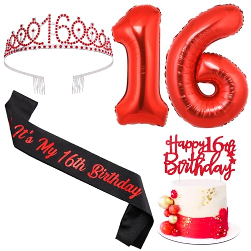 Sursurprise Rot und Schwarz 16. Geburtstag Dekorationen für Jungen Mädchen, 16. Geburtstag Schärpe und Tiara, Cake Topper, Ballon, 16 Jahre alt Bday Party Supplies von Sursurprise