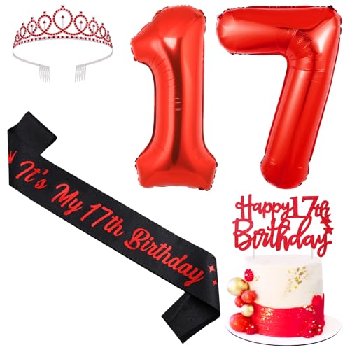 Sursurprise Rot und Schwarz 17. Geburtstag Dekorationen für Jungen Mädchen, 17. Geburtstag Schärpe und Tiara, Cake Topper, Luftballon, 17 Jahre alt Bday Party Supplies Sursurprise Rot und Schwarz 17. Geburtstag Dekorationen für Jungen Mädchen, 17. Geburtstag Schärpe und Tiara, Cake Topper, Luftballon, 17 Jahre alt Bday Party Supplies von Sursurprise