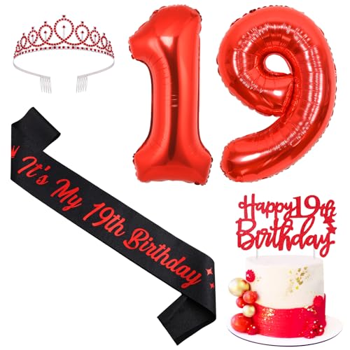 Sursurprise Rot und Schwarz 19. Geburtstag Dekorationen für Jungen Mädchen, 19. Geburtstag Schärpe und Tiara, Cake Topper, Luftballon, 19 Jahre alt Bday Party Supplies Sursurprise Rot und Schwarz 19. Geburtstag Dekorationen für Jungen Mädchen, 19. Geburtstag Schärpe und Tiara, Cake Topper, Luftballon, 19 Jahre alt Bday Party Supplies von Sursurprise