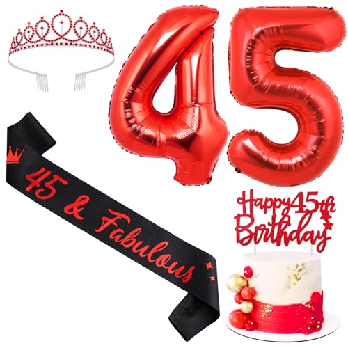 Sursurprise Rot und Schwarz 45. Geburtstag Dekorationen für Männer Frauen, 45. Geburtstag Schärpe und Tiara, Cake Topper, Ballon, 45 Year Old Bday Party Supplies von Sursurprise