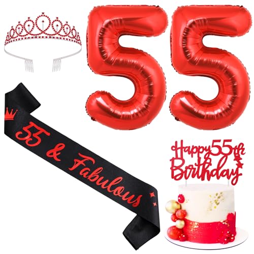 Sursurprise Rot und Schwarz 55. Geburtstag Dekorationen für Männer Frauen, 55. Geburtstag Schärpe und Tiara, Cake Topper, Ballon, 55 Year Old Bday Party Supplies von Sursurprise