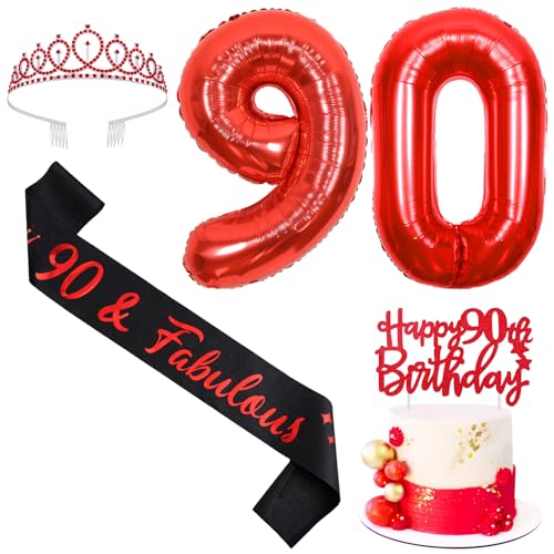 Sursurprise Rot und Schwarz 90. Geburtstag Dekorationen für Männer Frauen, 90. Geburtstag Schärpe und Tiara, Cake Topper, Ballon, 90 Jahre alt Bday Party Supplies von Sursurprise