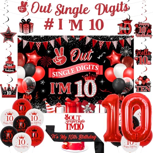 Sursurprise Rote und schwarze Dekoration zum 10. Geburtstag für Jungen und Mädchen, Out Single Digits I'm 10 Backdrop Banner, Cake Topper, hängende Wirbel, Schärpe, Zahl 10 Luftballons, 10 Jahre altes von Sursurprise